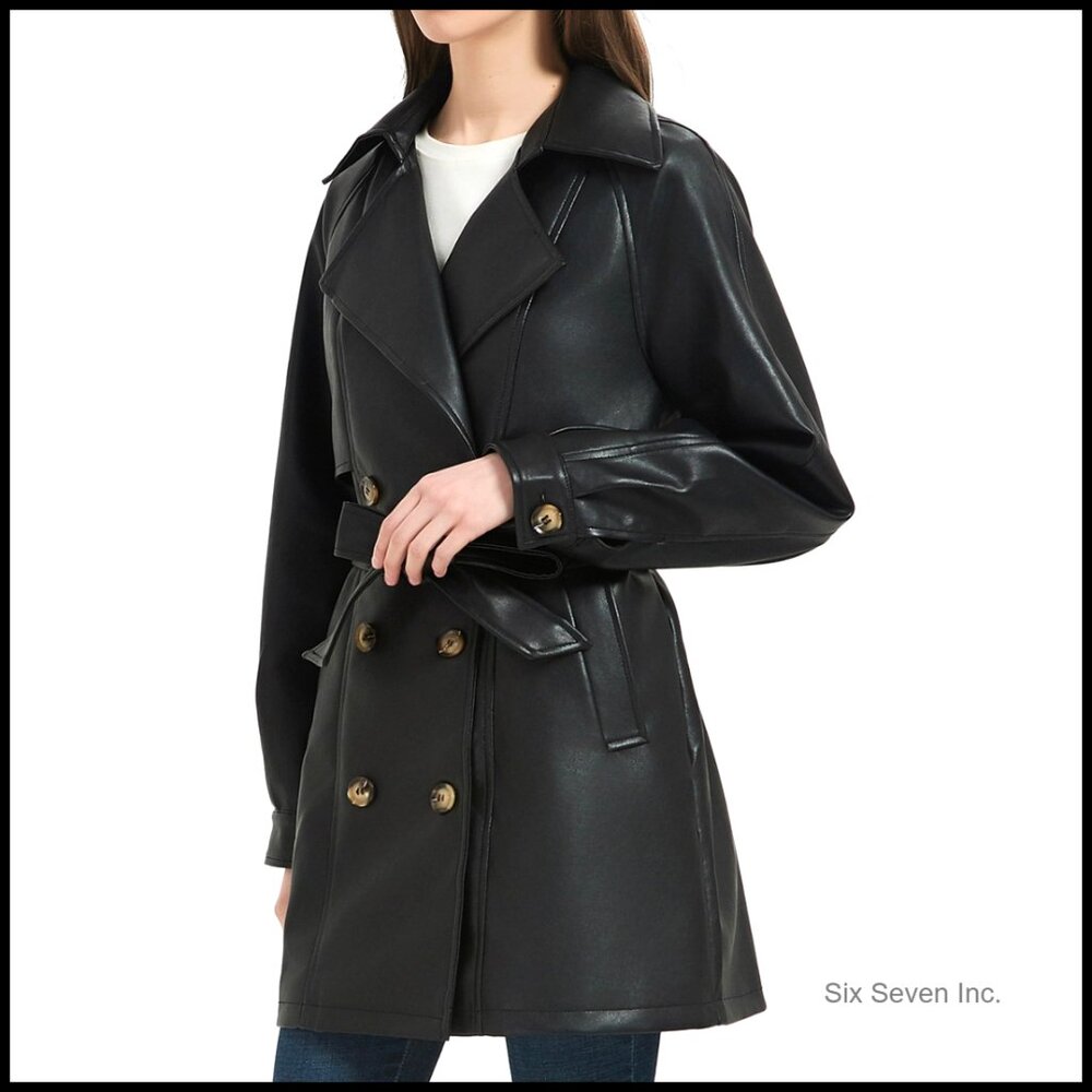 Faux Leather Trench Coat With Belt, Double Breasted, Mid Length